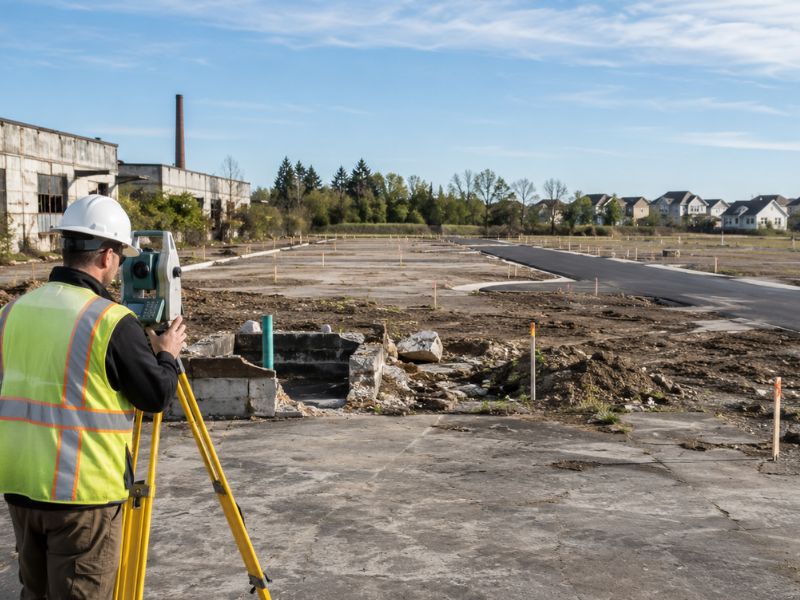 Land surveyor using a total station on a former industrial site being prepared for residential development.
