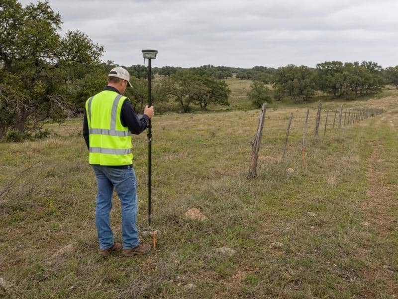 Boundary Survey professional locating a rural acreage boundary before a land division in Bryan, Texas.