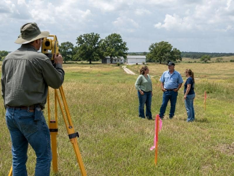 Boundary surveying inherited family acreage with marked property corners in Bryan Texas