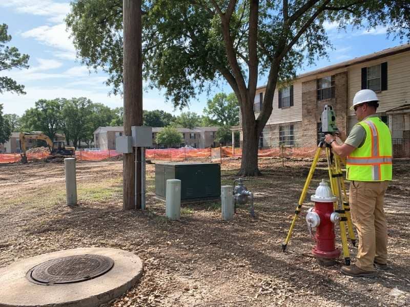 Utility Survey crew mapping manholes and utility features at an apartment redevelopment site in Bryan Texas